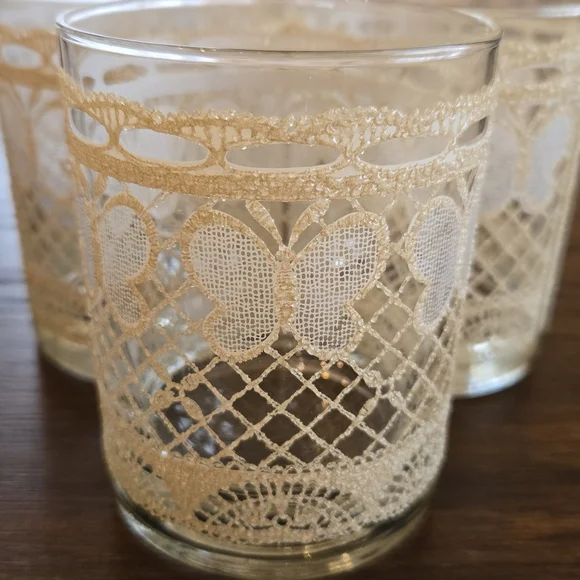 Rare MCM Georges Briard Butterfly & Lace Whiskey, Rocks, Lowball Glasses Signed - Picture 2 of 5